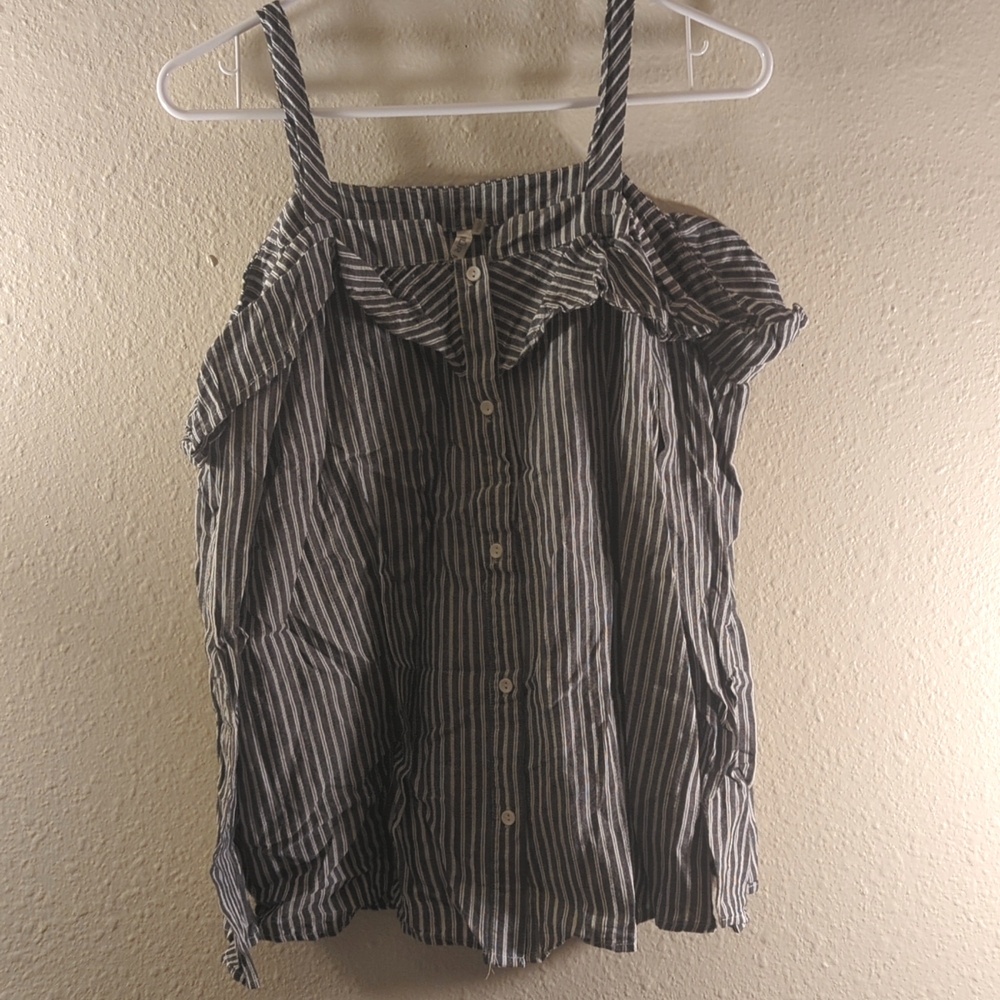 Gray and white striped top, off the shoulder, button down, size Medium